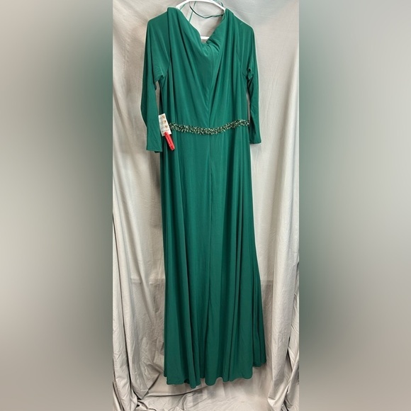 MAC DUGGAL 67899 NWT Beaded Belt Jersey Faux Wrap Long Sleeve Gown - Picture 5 of 7